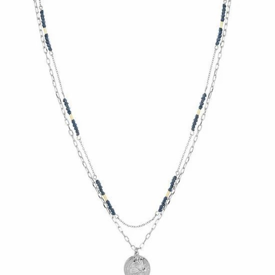 Womens * | Sonoma Goods For Life 2 Row Blue Bead With Casted Coin Pendant Necklace