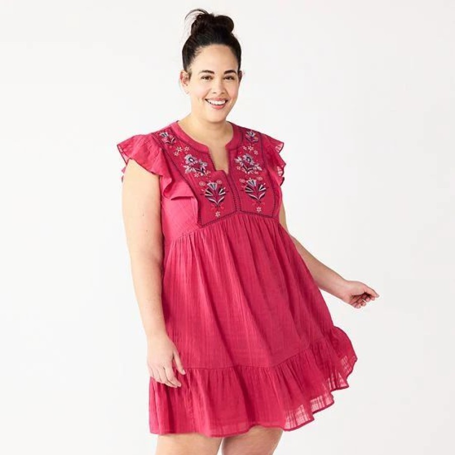 Mens * | Plus Size Sonoma Goods For Life Embroidered Flounce-Hem Dress